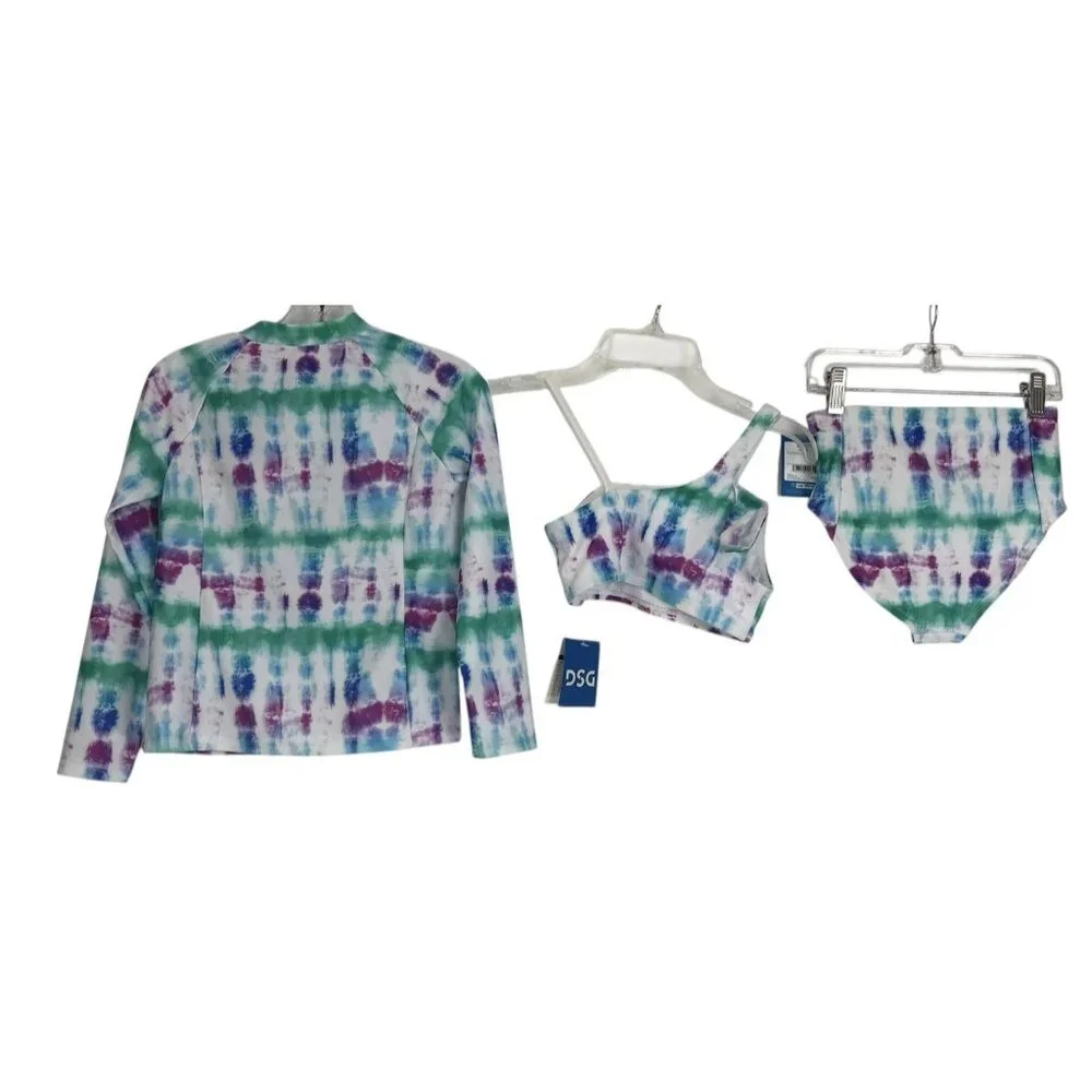 DSG Bikini And Rash guard Girls Size Small‎ Swim Tie Dye Purple Blue Green Set